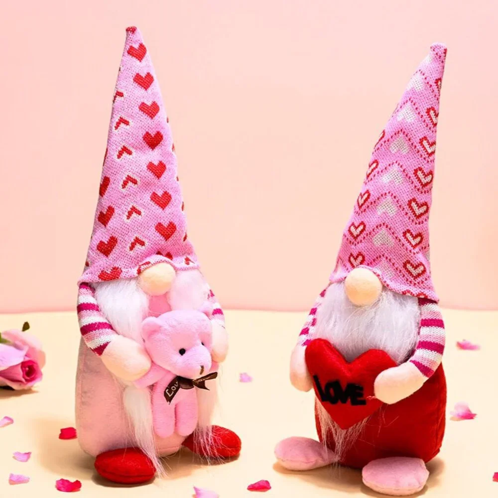 Pink and Red Lovebirds Heartwarming Set of 2 Valentines Gnomes, Standing Plush